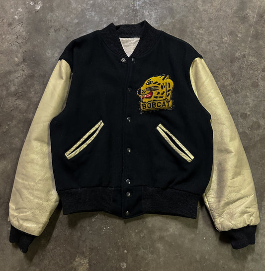 1950’s bobcat patch black varsity jacket