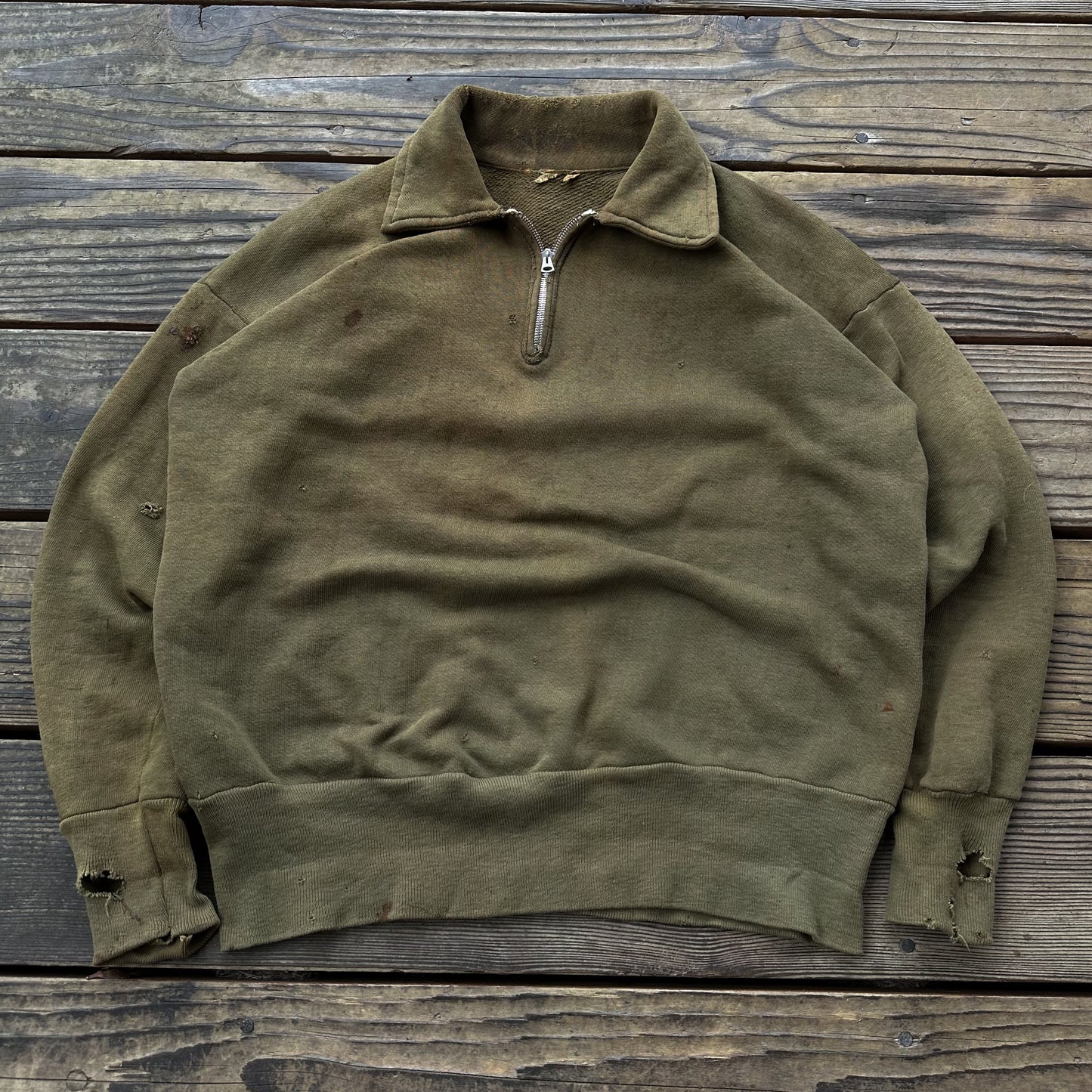 1940’s distressed green quarter zip sweatshirt