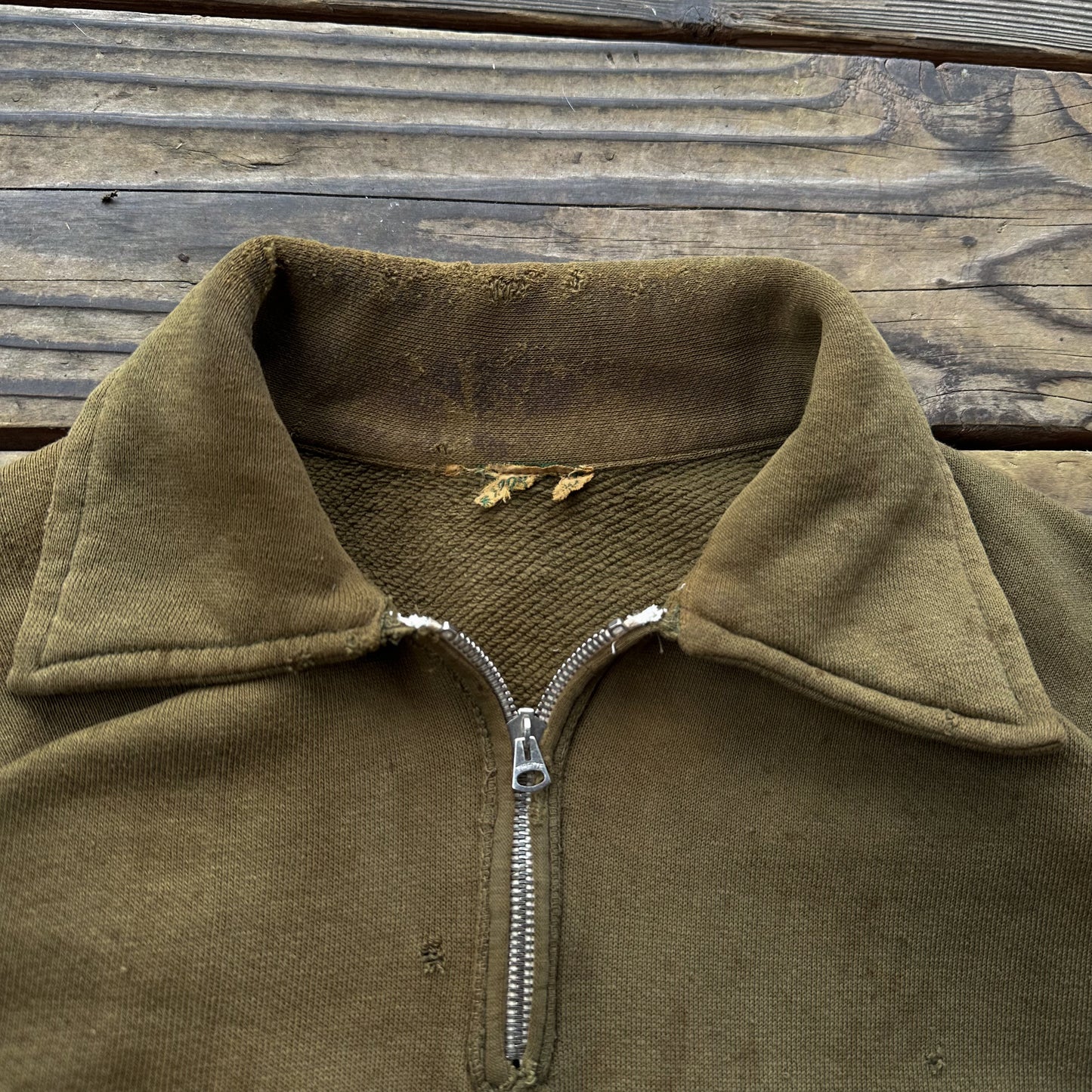 1940’s distressed green quarter zip sweatshirt