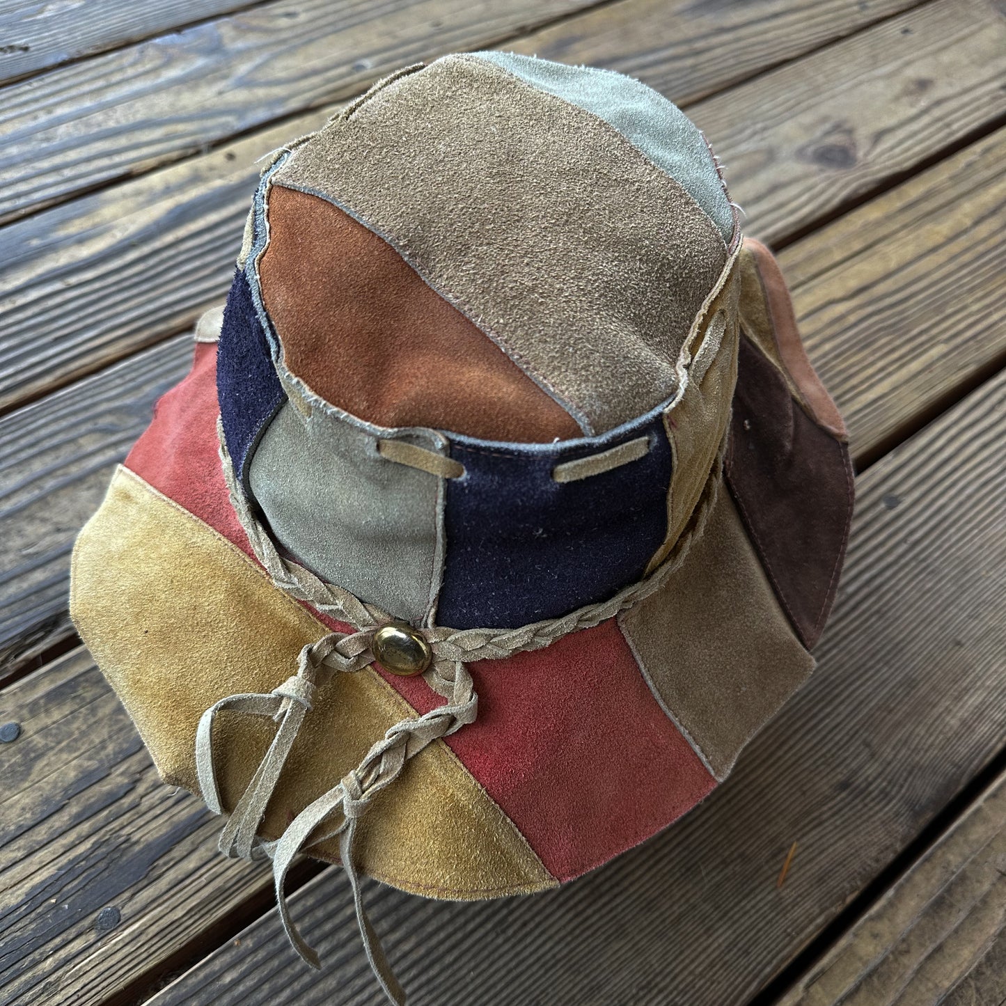 1970’s hippie style patchwork leather bucket hat