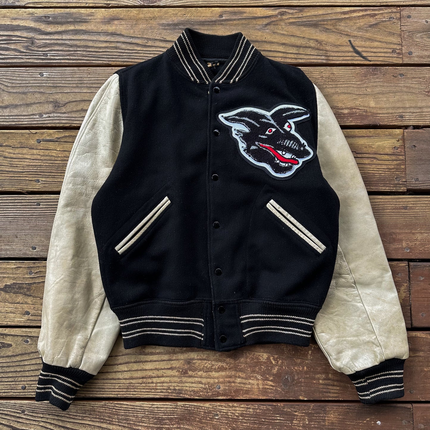 1950’s wolf patch black varsity jacket