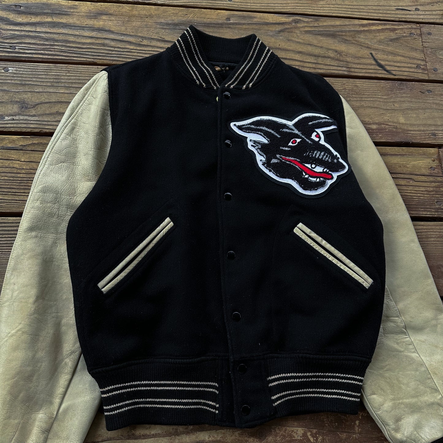 1950’s wolf patch black varsity jacket